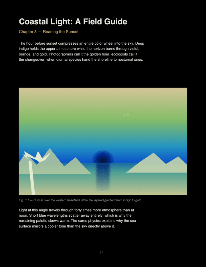 The same page after a raw pixel inversion — the sunset photo becomes a false-color negative