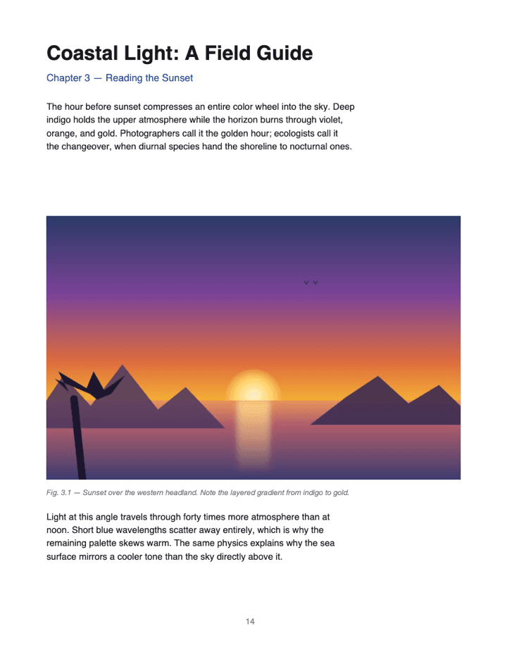Original bright PDF page: dark text on a white background with a full-color sunset photo