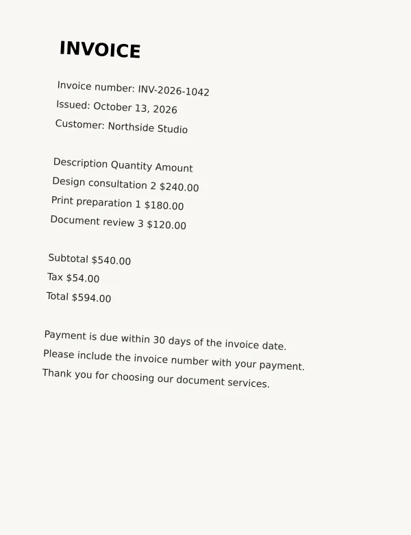 A tilted invoice before PDF deskew